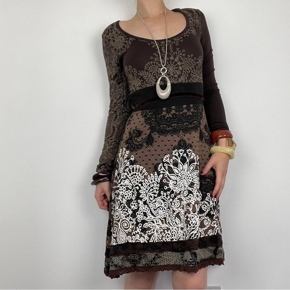 Desigual Dresses & Skirts - Desigual Guero Brown Long Sleeve Dress w/ Patterns Y2K Style